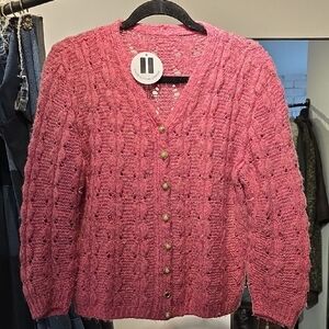 Pink Cable Knit Women's Sweater cozy winter wool vneck with fancy buttons